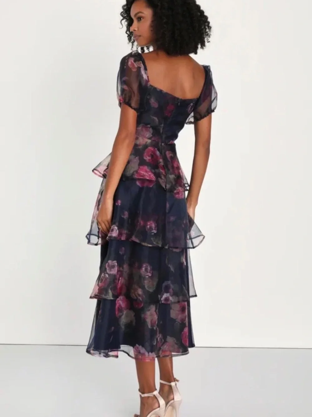 Lulu's Navy Floral Tiered Midi Dress with Puff Sleeves